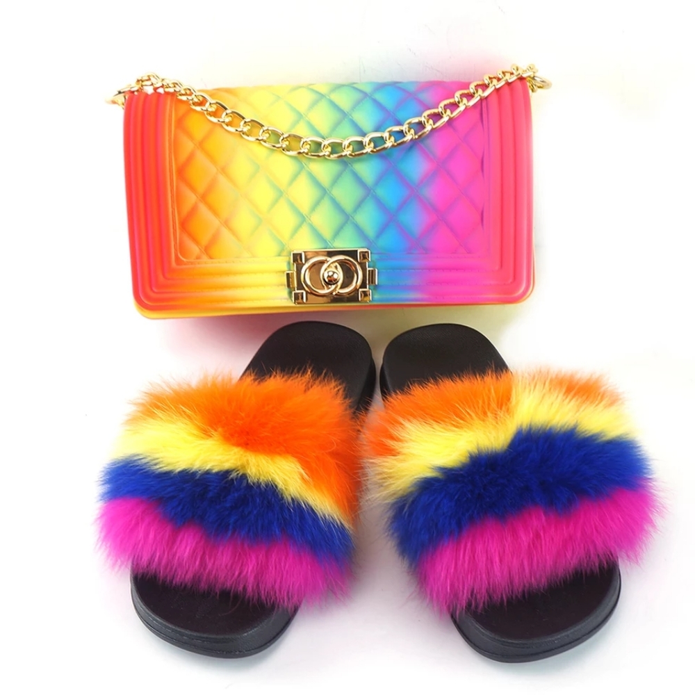 Women Colorful Real Fox Fur  Trendy Slippers Set